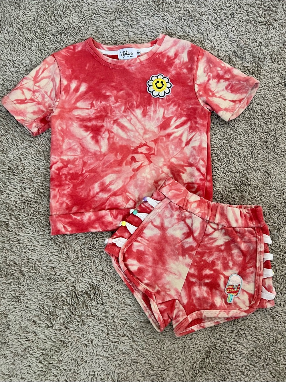 Kids Red Tie-Dye Short Set with Fun Patches - Short Sleeve Top & Shorts